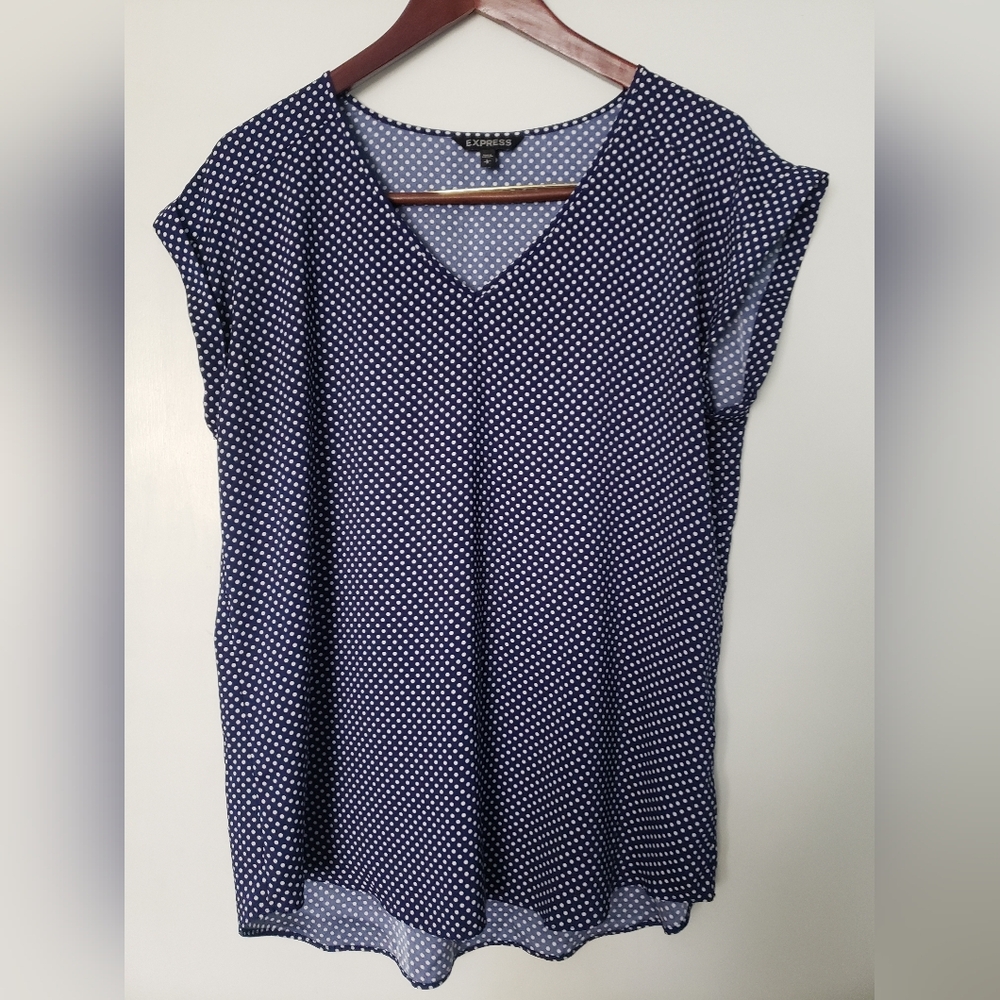 Express Blouse Women's Large Blue White Polka Dot V Neck Short Sleeve